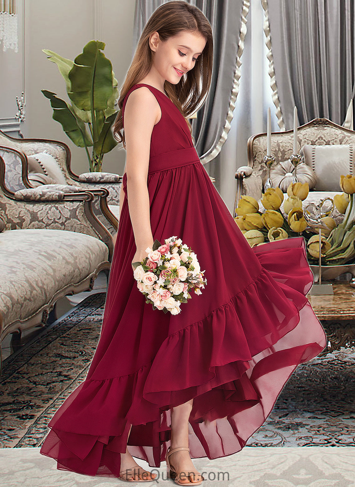 Phoebe A-Line V-neck Asymmetrical Chiffon Junior Bridesmaid Dress With Bow(s) Cascading Ruffles DGP0013310