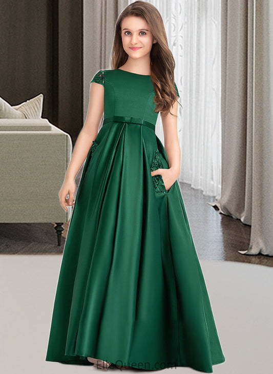 Yadira Ball-Gown/Princess Scoop Neck Floor-Length Satin Lace Junior Bridesmaid Dress With Bow(s) Pockets DGP0013311