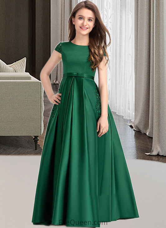 Yadira Ball-Gown/Princess Scoop Neck Floor-Length Satin Lace Junior Bridesmaid Dress With Bow(s) Pockets DGP0013311