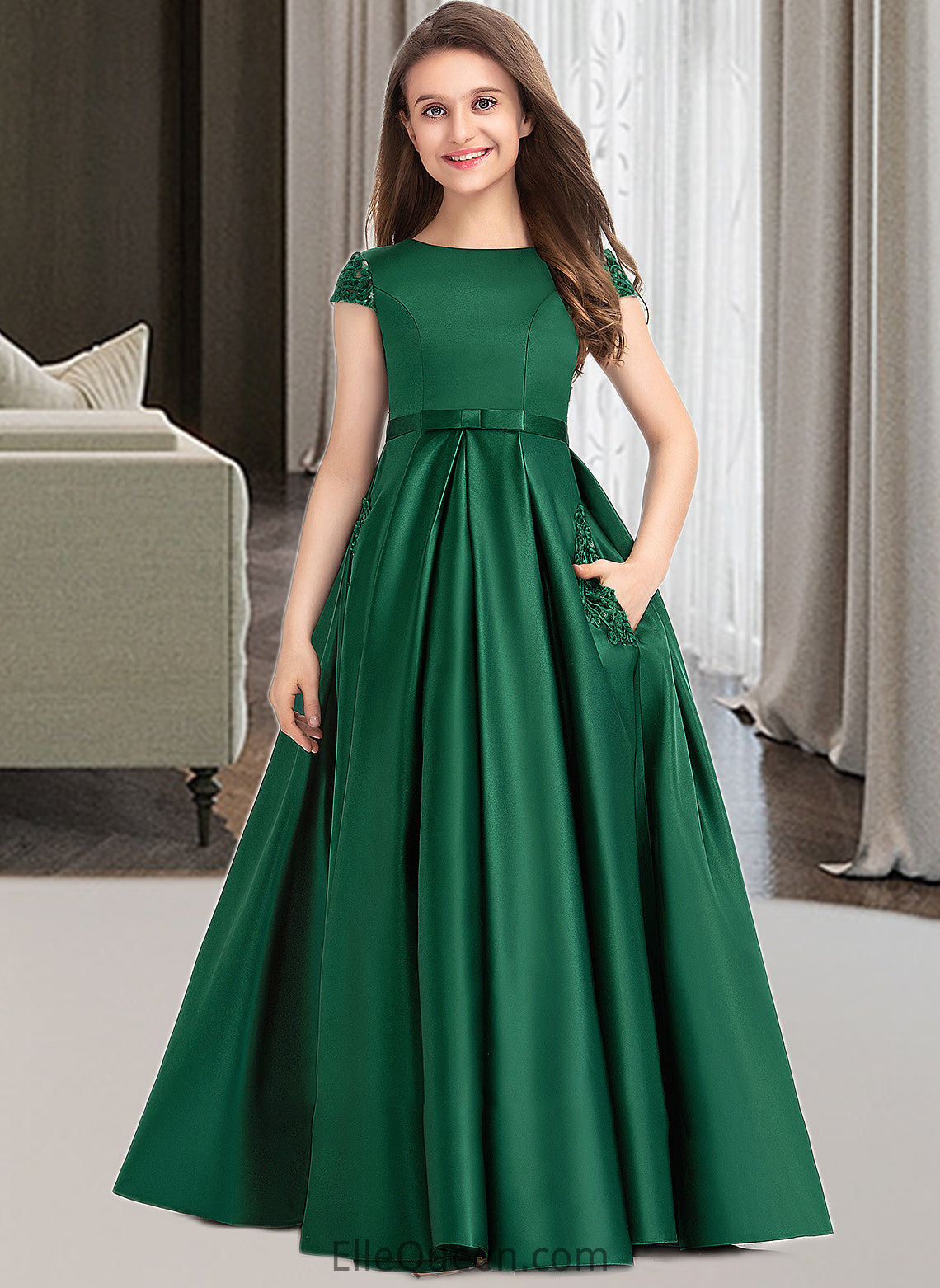 Yadira Ball-Gown/Princess Scoop Neck Floor-Length Satin Lace Junior Bridesmaid Dress With Bow(s) Pockets DGP0013311