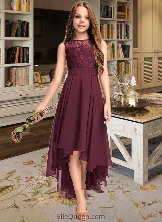 Allyson A-Line Scoop Neck Asymmetrical Chiffon Lace Junior Bridesmaid Dress With Bow(s) DGP0013312