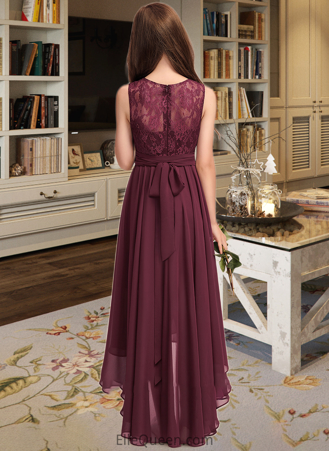 Allyson A-Line Scoop Neck Asymmetrical Chiffon Lace Junior Bridesmaid Dress With Bow(s) DGP0013312