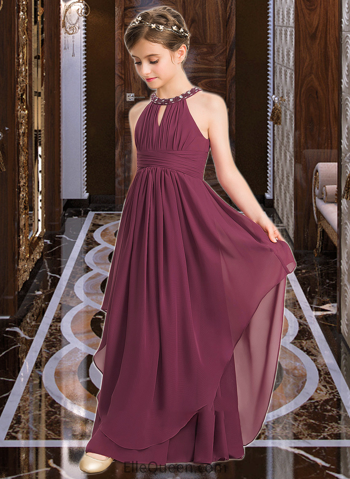 Ryann A-Line Scoop Neck Floor-Length Chiffon Junior Bridesmaid Dress With Ruffle Beading DGP0013313