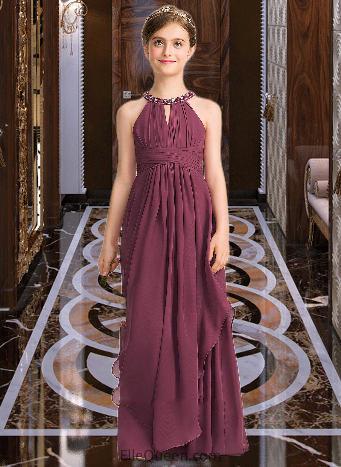 Ryann A-Line Scoop Neck Floor-Length Chiffon Junior Bridesmaid Dress With Ruffle Beading DGP0013313