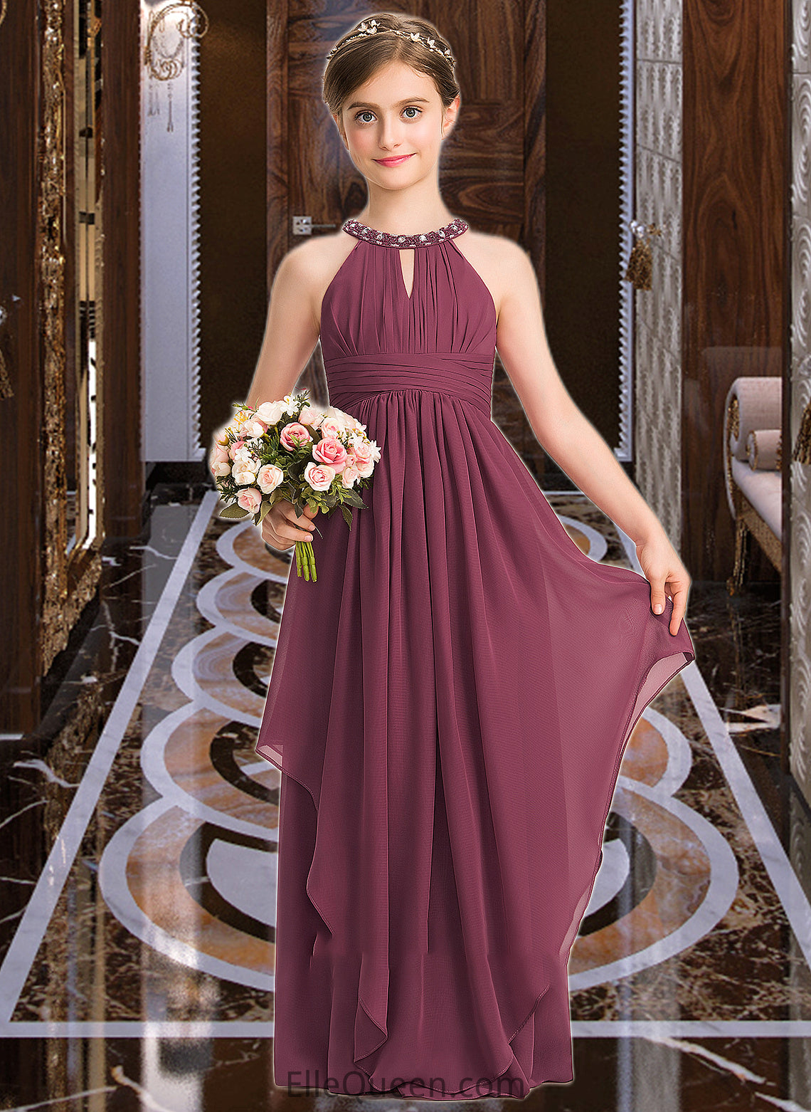 Ryann A-Line Scoop Neck Floor-Length Chiffon Junior Bridesmaid Dress With Ruffle Beading DGP0013313