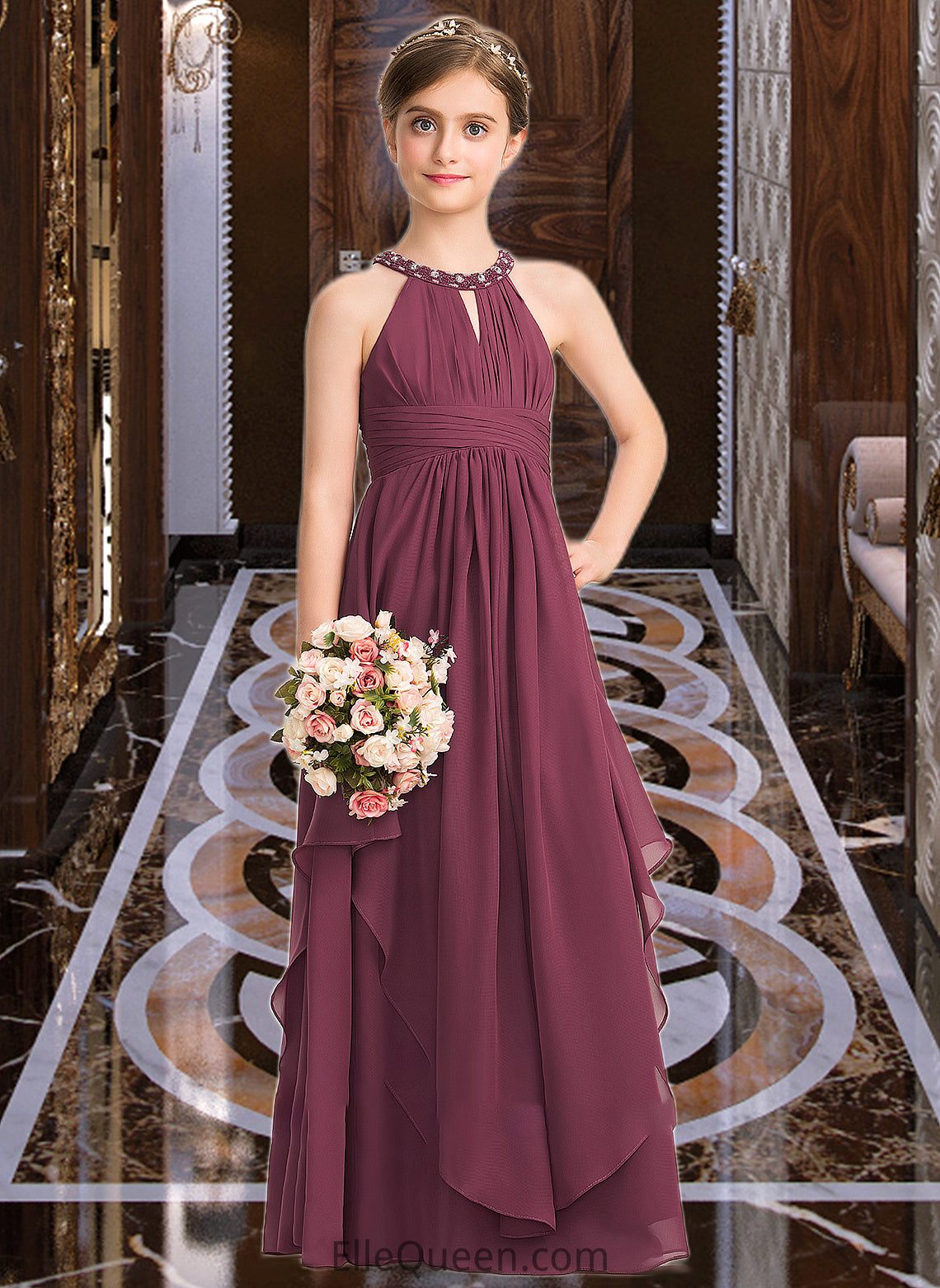 Ryann A-Line Scoop Neck Floor-Length Chiffon Junior Bridesmaid Dress With Ruffle Beading DGP0013313