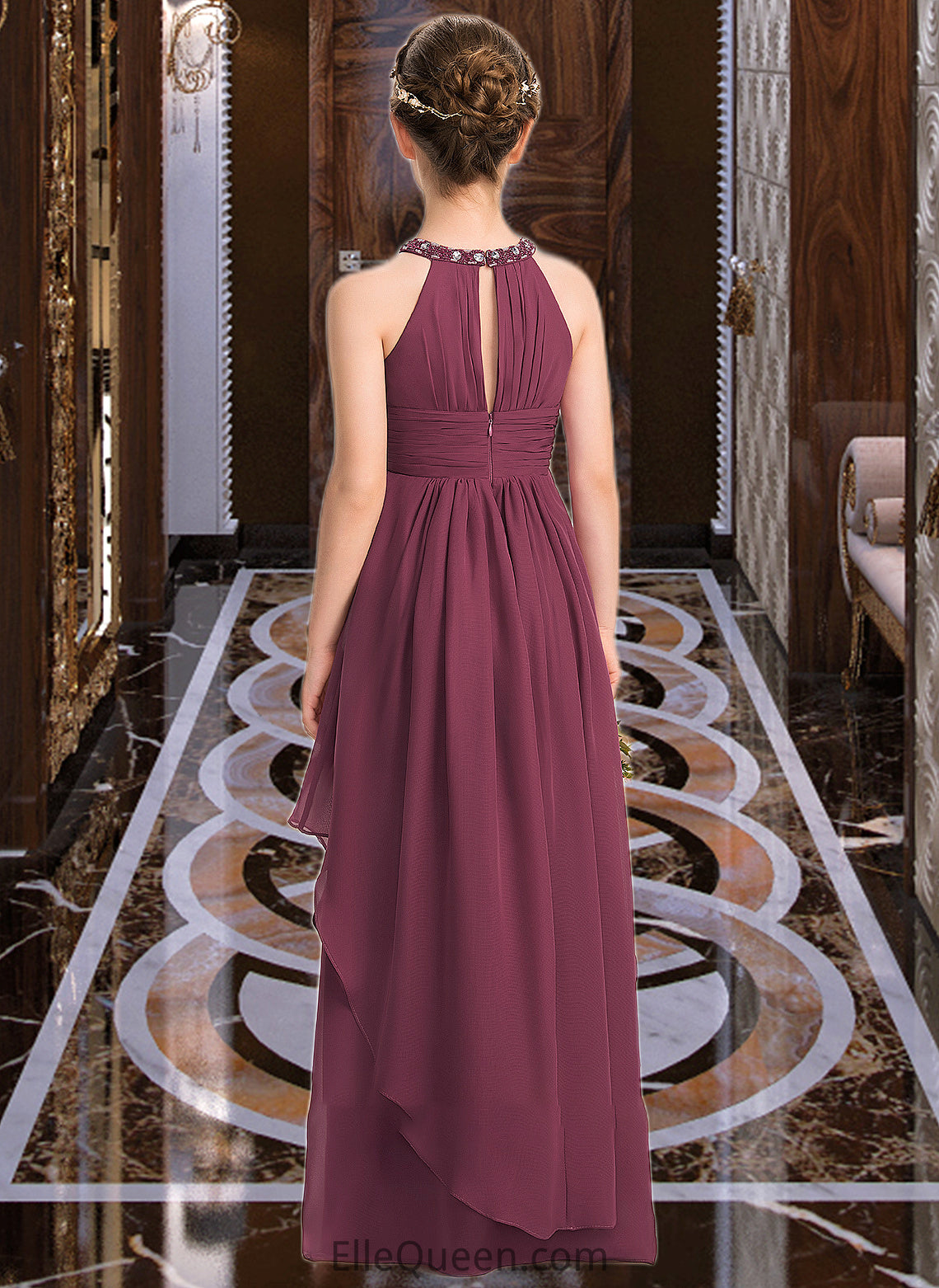 Ryann A-Line Scoop Neck Floor-Length Chiffon Junior Bridesmaid Dress With Ruffle Beading DGP0013313