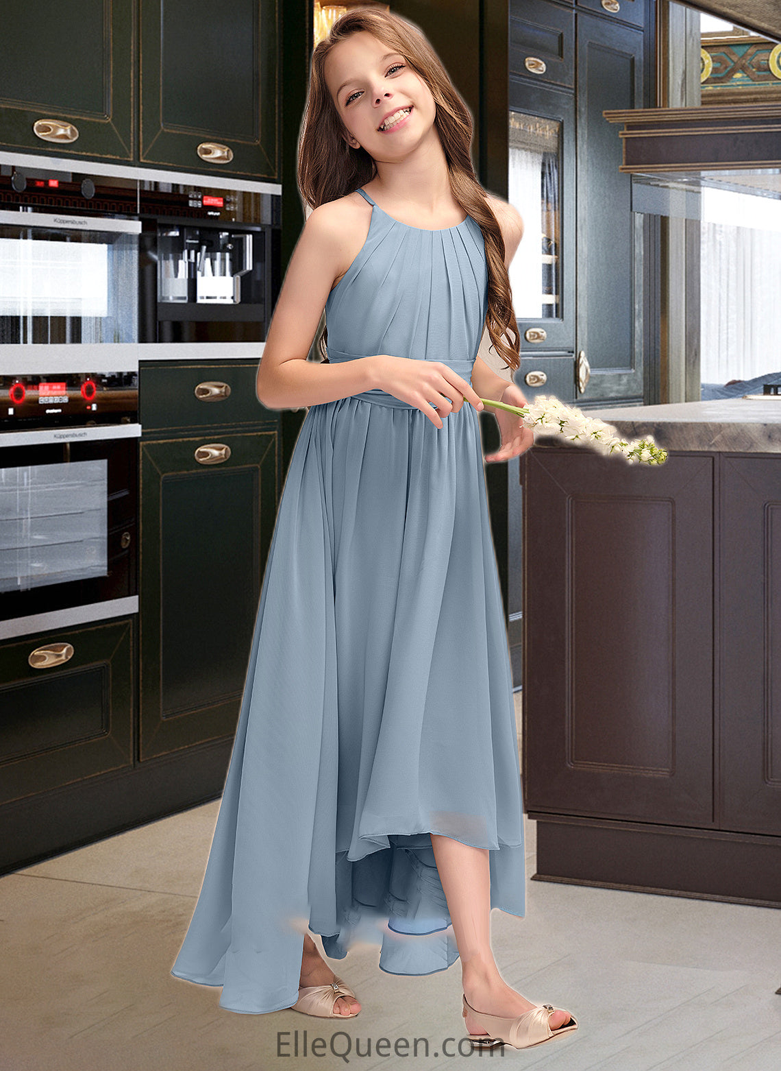 Johanna A-Line Scoop Neck Asymmetrical Chiffon Junior Bridesmaid Dress With Ruffle Bow(s) DGP0013314