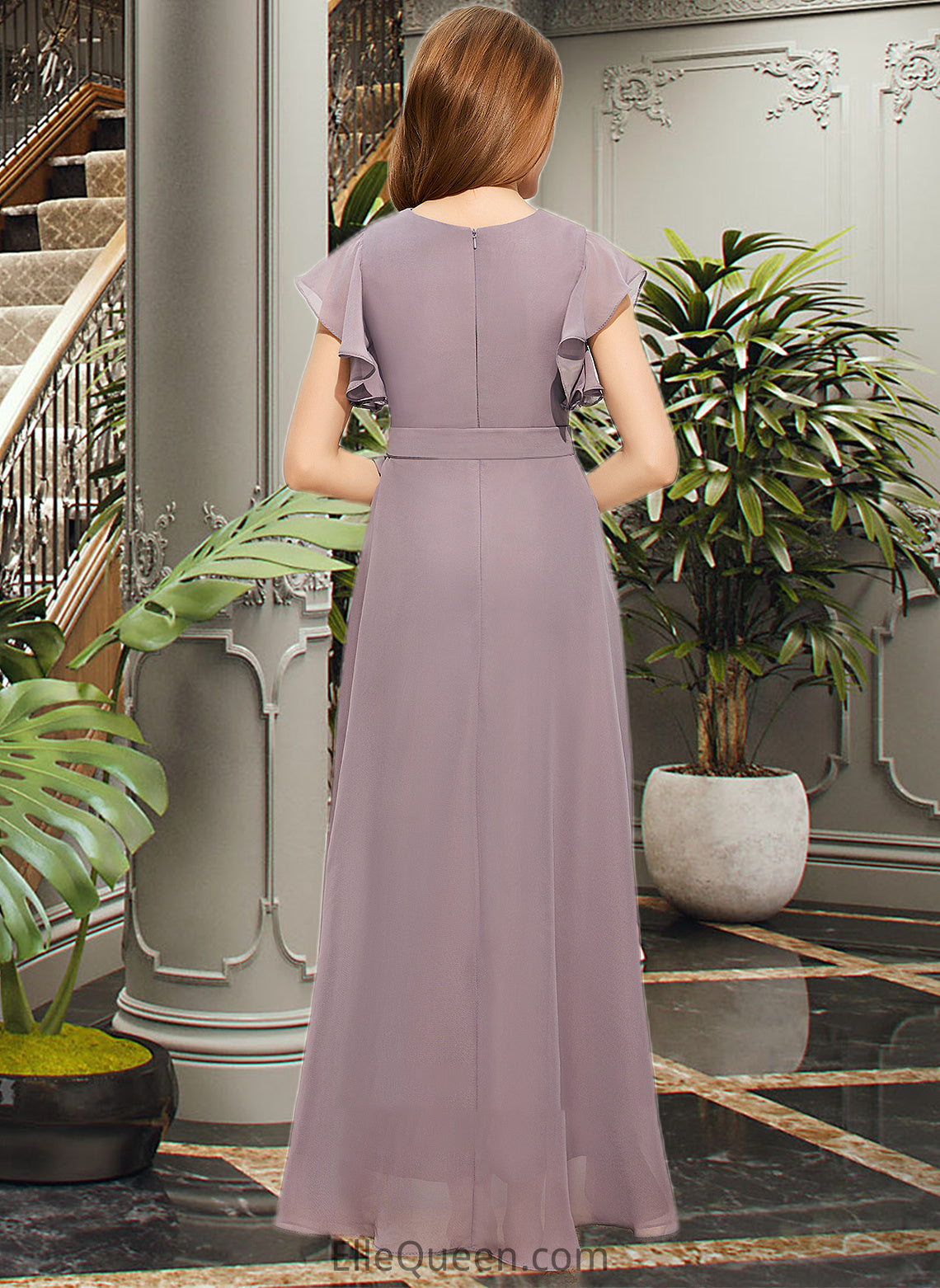 Amiah A-Line V-neck Asymmetrical Chiffon Junior Bridesmaid Dress With Ruffle Bow(s) DGP0013315