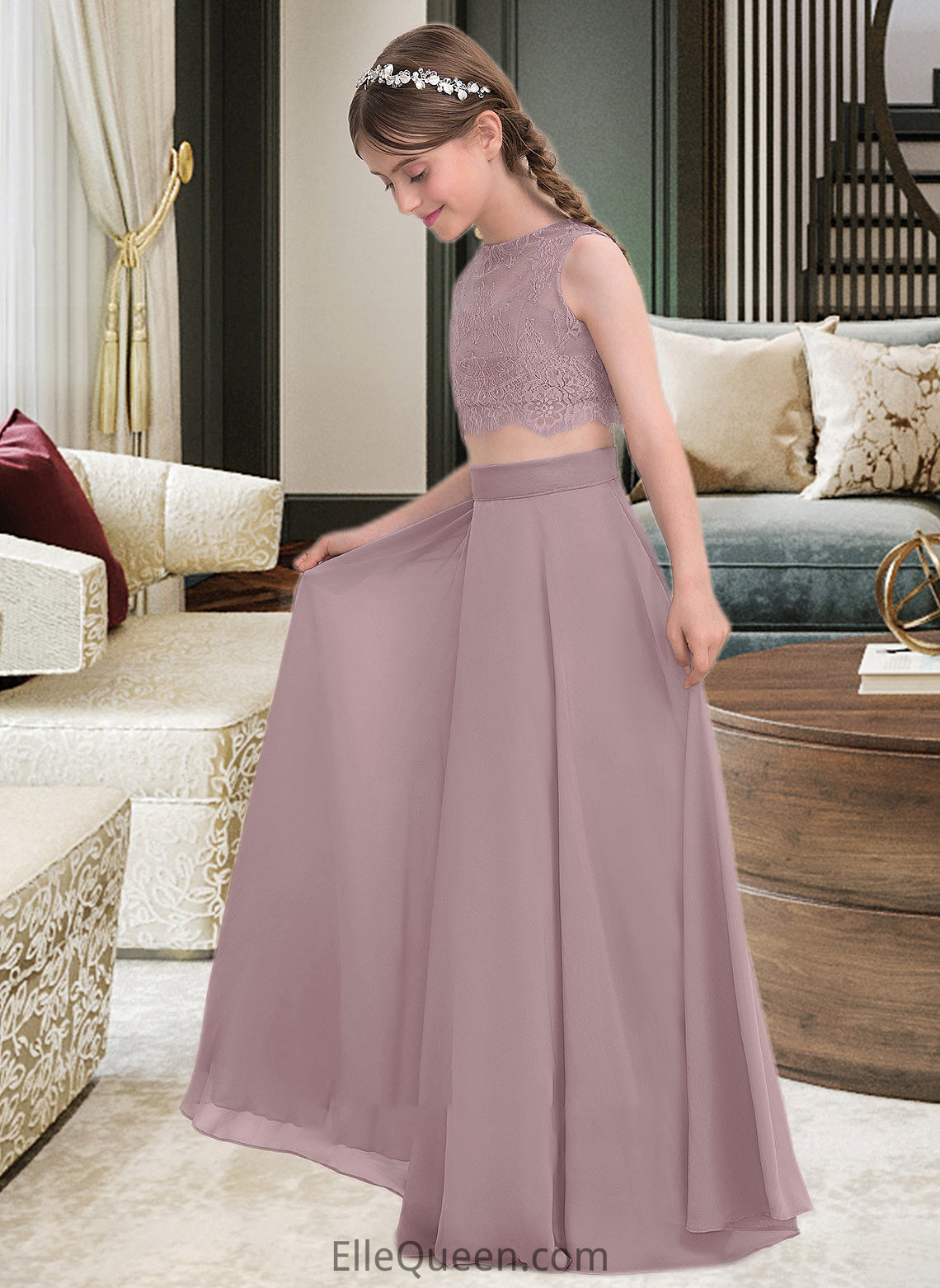 Sage A-Line Scoop Neck Floor-Length Chiffon Junior Bridesmaid Dress DGP0013316