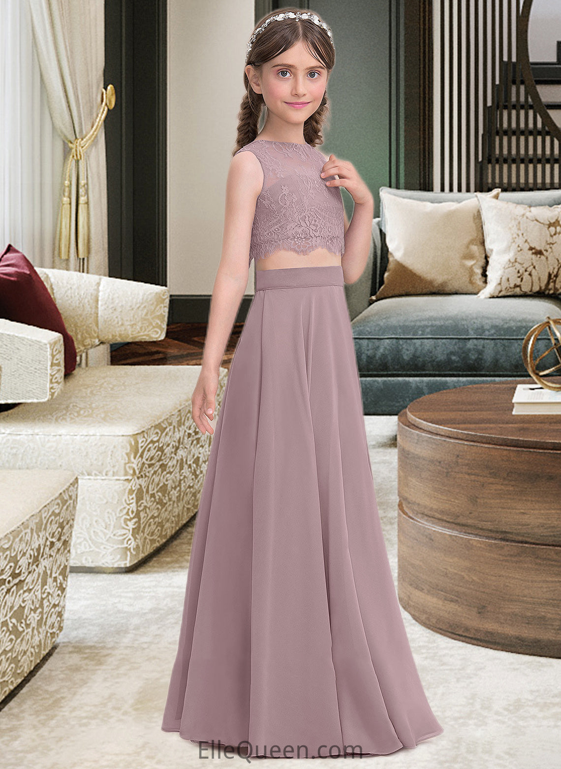 Sage A-Line Scoop Neck Floor-Length Chiffon Junior Bridesmaid Dress DGP0013316