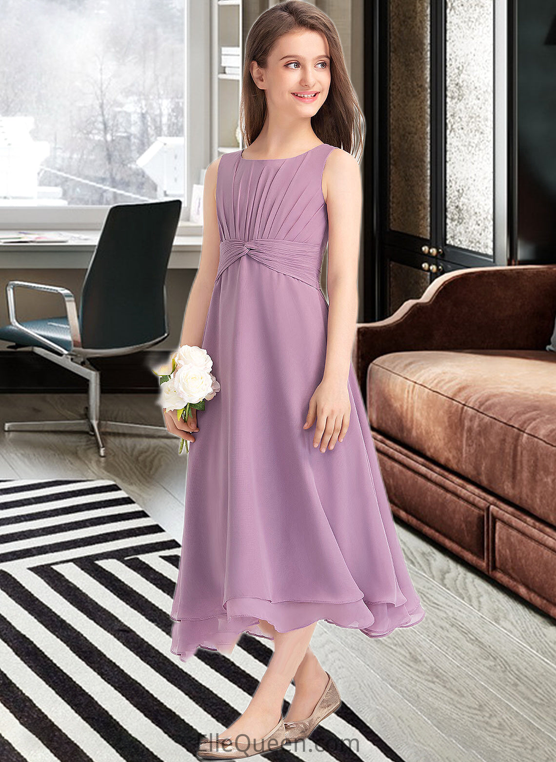 Lucy A-Line Scoop Neck Tea-Length Chiffon Junior Bridesmaid Dress With Ruffle DGP0013317