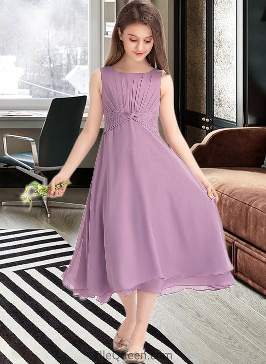 Lucy A-Line Scoop Neck Tea-Length Chiffon Junior Bridesmaid Dress With Ruffle DGP0013317