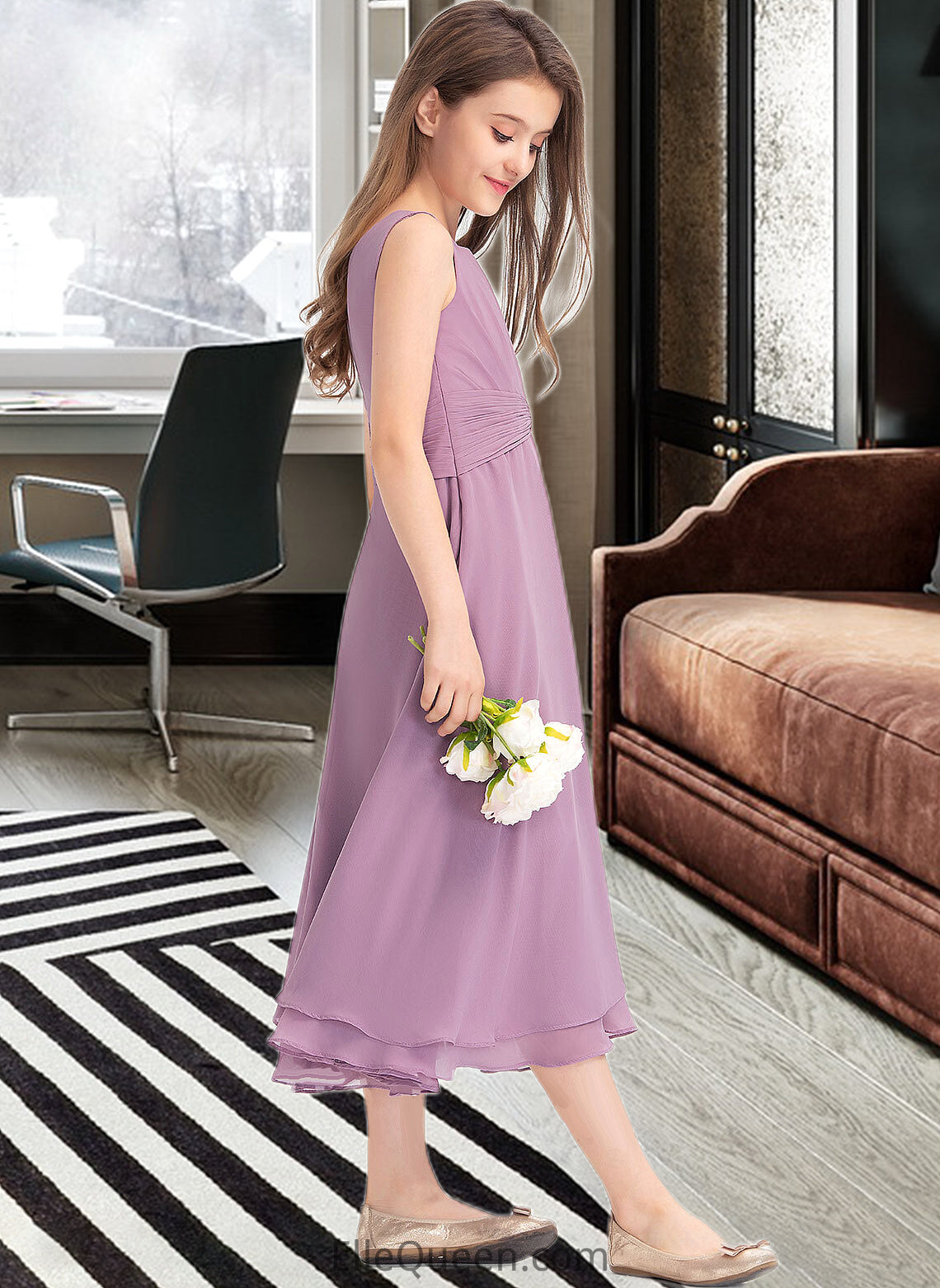 Lucy A-Line Scoop Neck Tea-Length Chiffon Junior Bridesmaid Dress With Ruffle DGP0013317