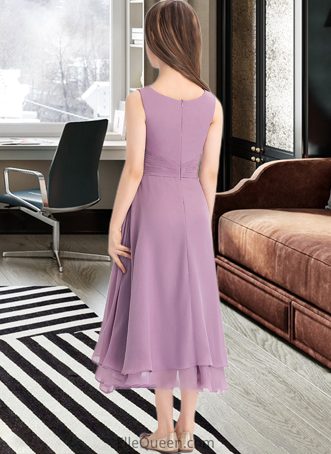 Lucy A-Line Scoop Neck Tea-Length Chiffon Junior Bridesmaid Dress With Ruffle DGP0013317