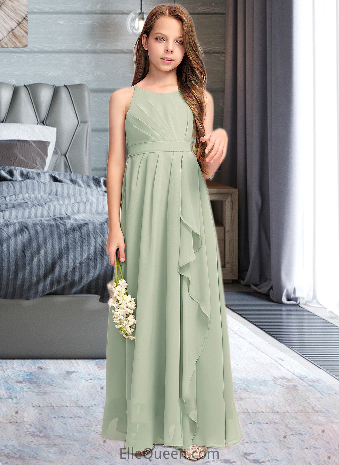 Skyler A-Line Scoop Neck Floor-Length Chiffon Junior Bridesmaid Dress With Cascading Ruffles DGP0013318