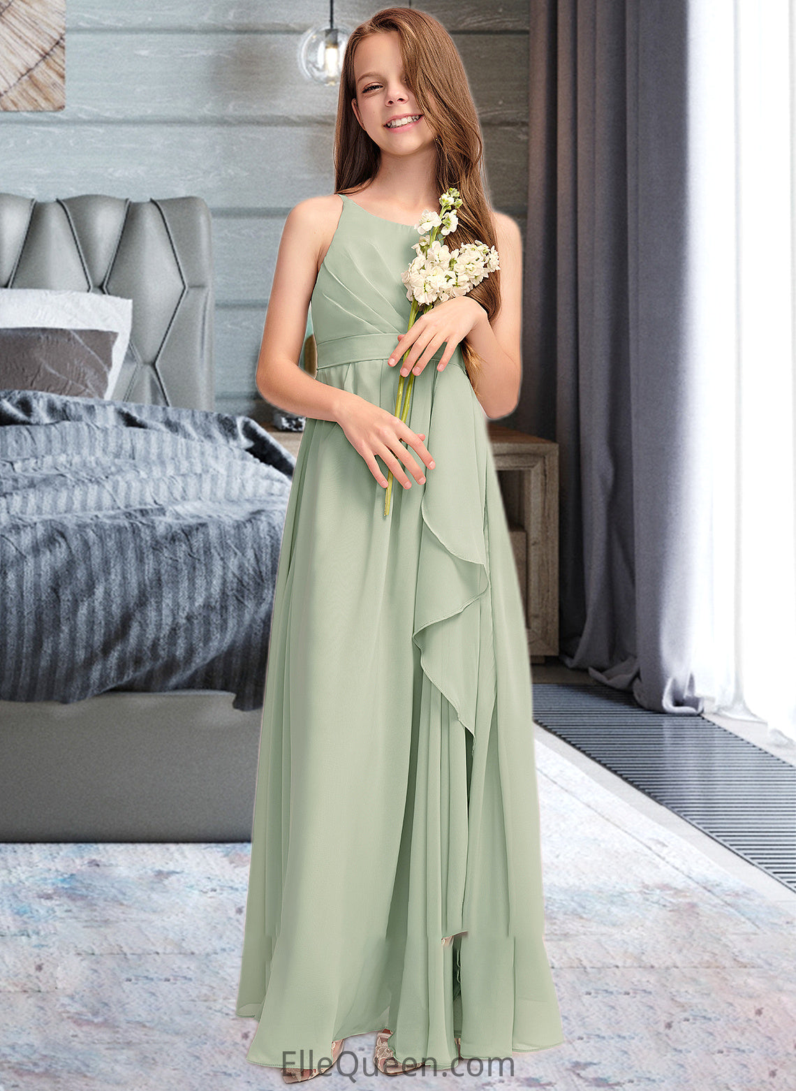 Skyler A-Line Scoop Neck Floor-Length Chiffon Junior Bridesmaid Dress With Cascading Ruffles DGP0013318