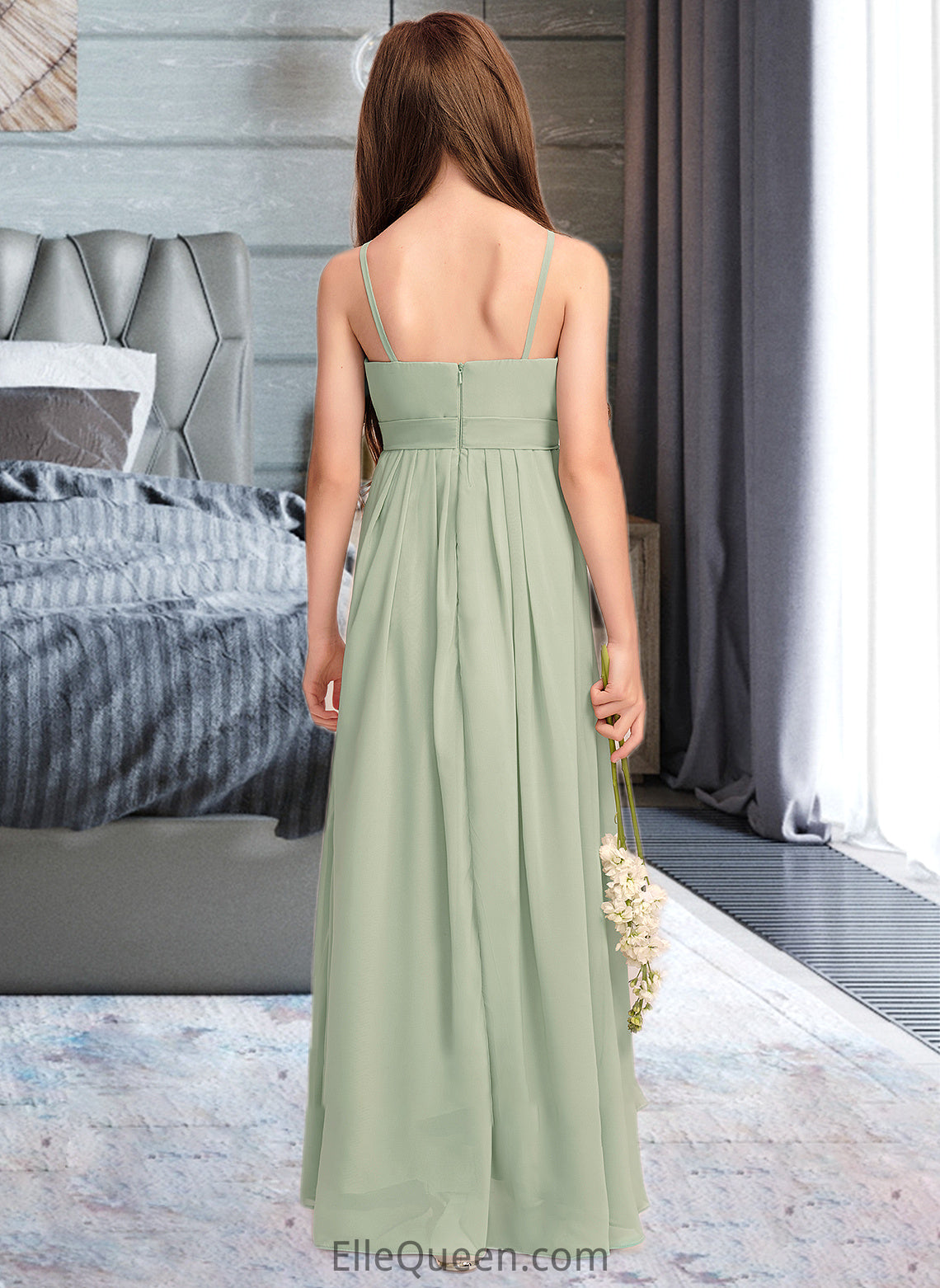 Skyler A-Line Scoop Neck Floor-Length Chiffon Junior Bridesmaid Dress With Cascading Ruffles DGP0013318