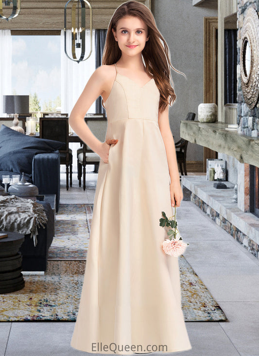 Elva A-Line V-neck Floor-Length Satin Junior Bridesmaid Dress With Pockets DGP0013319