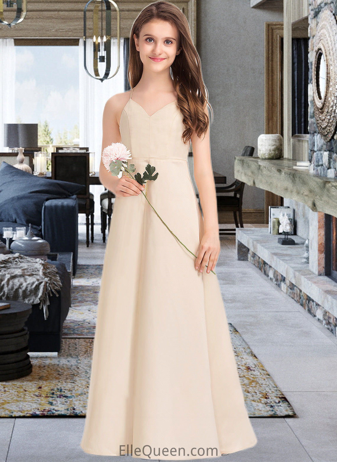 Elva A-Line V-neck Floor-Length Satin Junior Bridesmaid Dress With Pockets DGP0013319