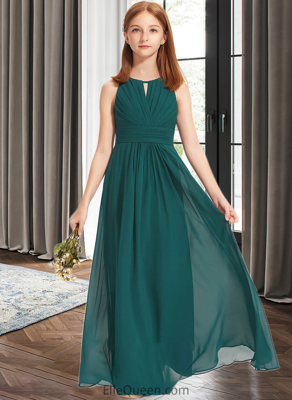 Joanna A-Line Scoop Neck Floor-Length Chiffon Junior Bridesmaid Dress With Ruffle DGP0013320