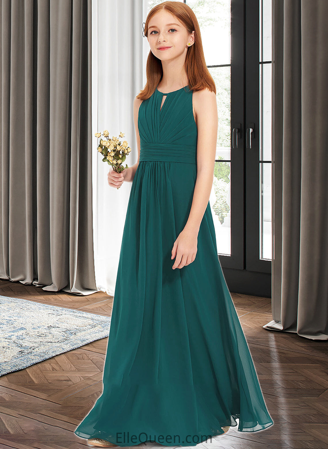 Joanna A-Line Scoop Neck Floor-Length Chiffon Junior Bridesmaid Dress With Ruffle DGP0013320