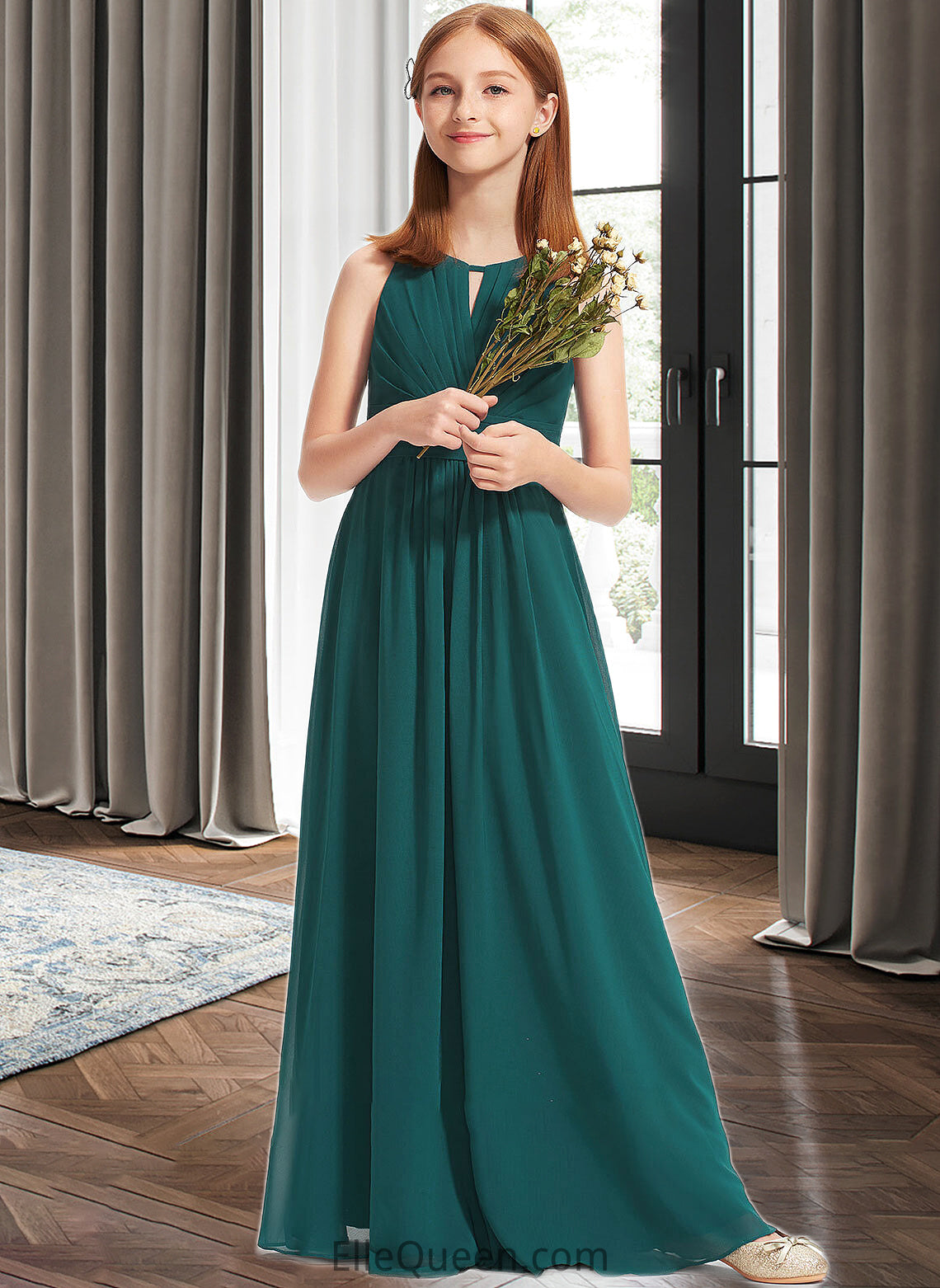 Joanna A-Line Scoop Neck Floor-Length Chiffon Junior Bridesmaid Dress With Ruffle DGP0013320