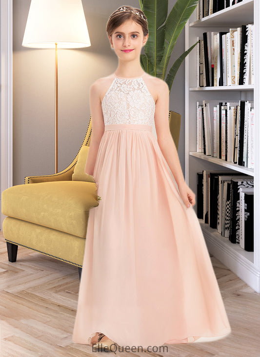 Krystal A-Line Scoop Neck Floor-Length Chiffon Lace Junior Bridesmaid Dress DGP0013321