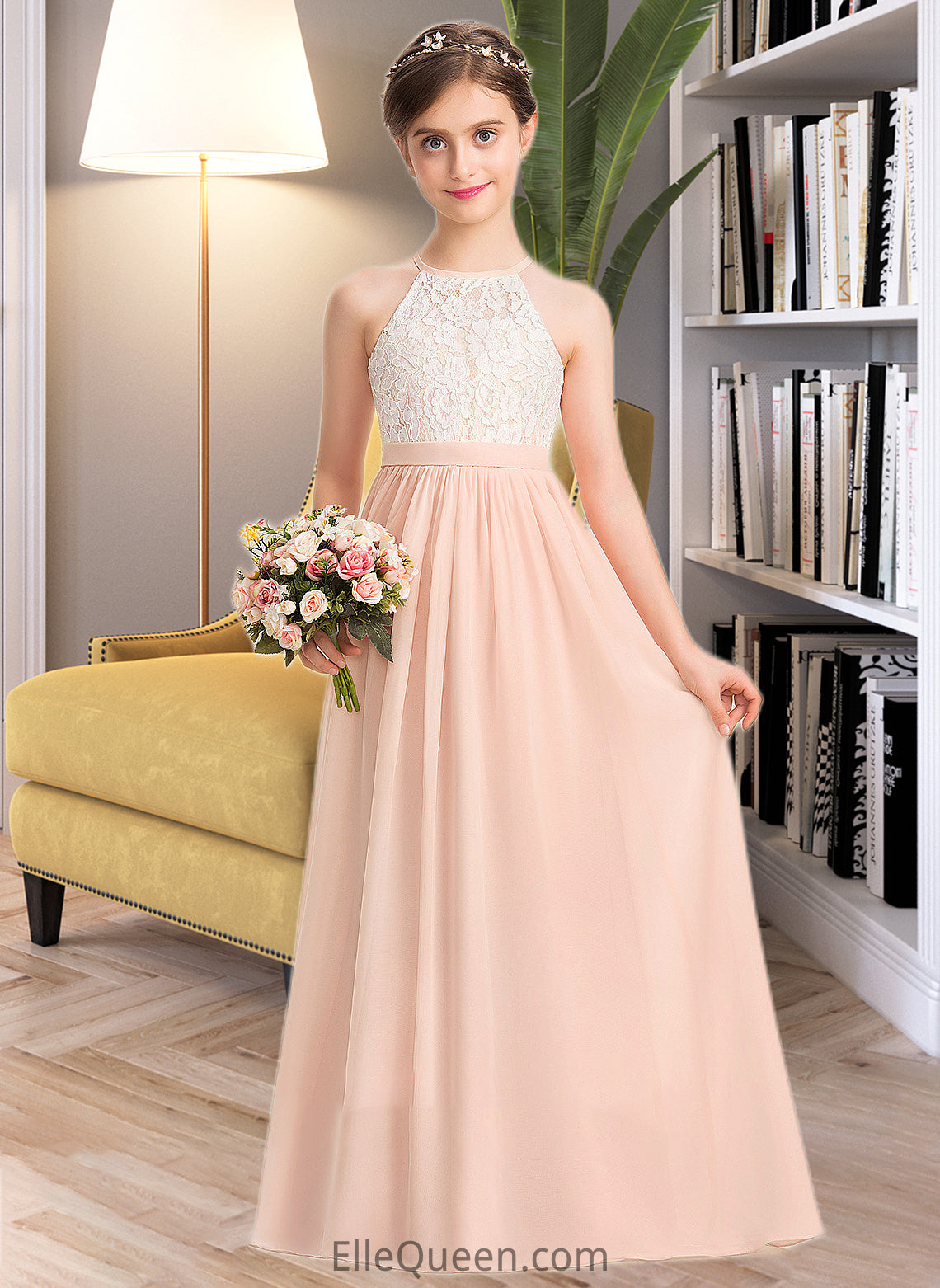 Krystal A-Line Scoop Neck Floor-Length Chiffon Lace Junior Bridesmaid Dress DGP0013321