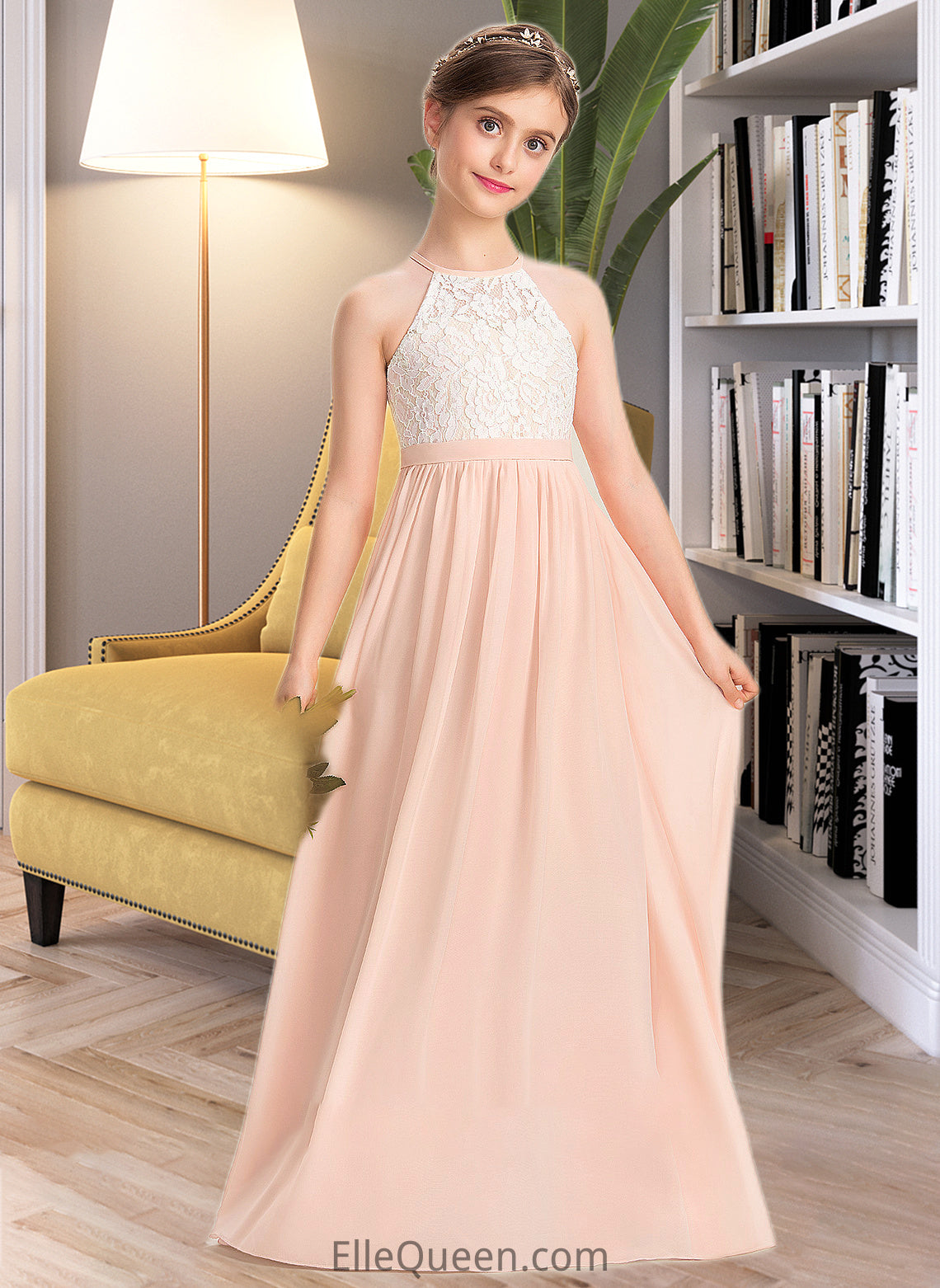 Krystal A-Line Scoop Neck Floor-Length Chiffon Lace Junior Bridesmaid Dress DGP0013321