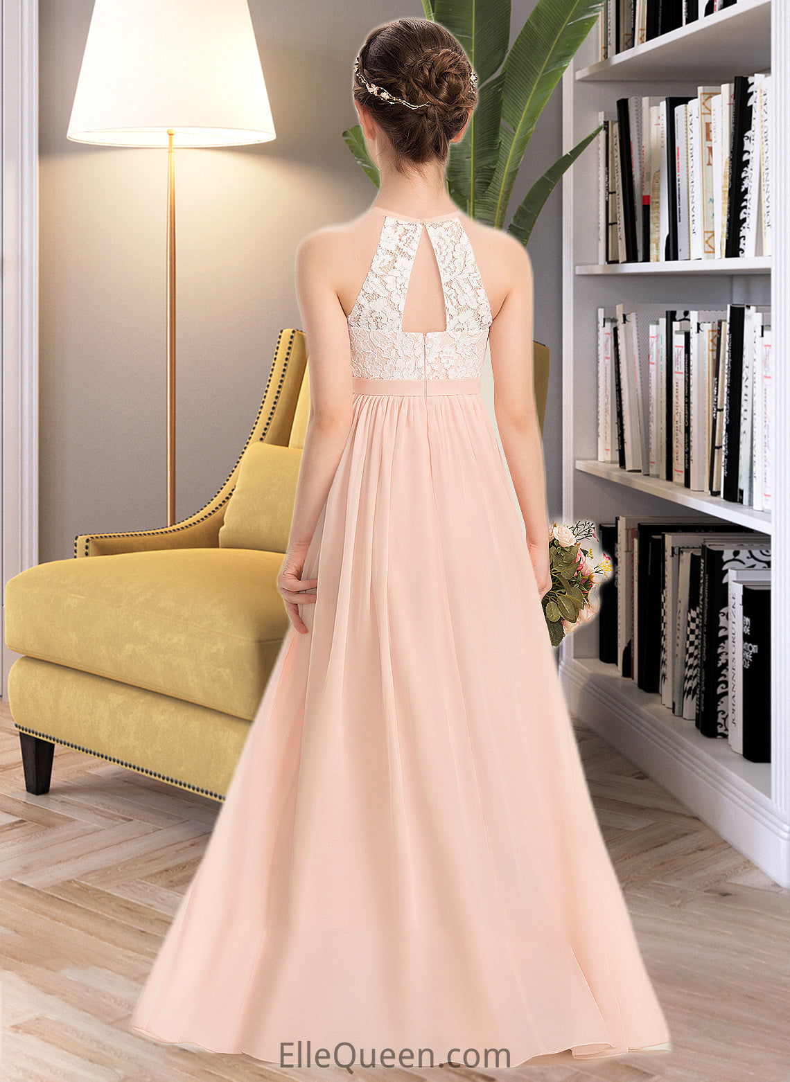 Krystal A-Line Scoop Neck Floor-Length Chiffon Lace Junior Bridesmaid Dress DGP0013321