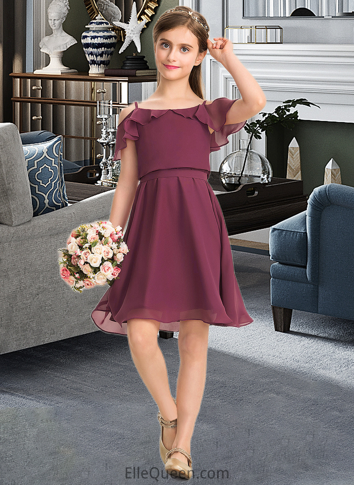 Leslie A-Line Off-the-Shoulder Knee-Length Chiffon Junior Bridesmaid Dress With Bow(s) Cascading Ruffles DGP0013322