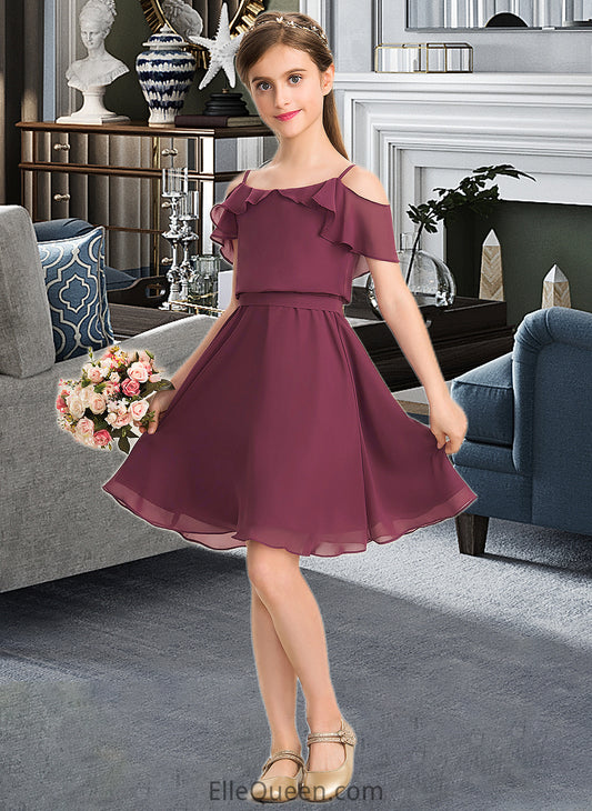 Leslie A-Line Off-the-Shoulder Knee-Length Chiffon Junior Bridesmaid Dress With Bow(s) Cascading Ruffles DGP0013322