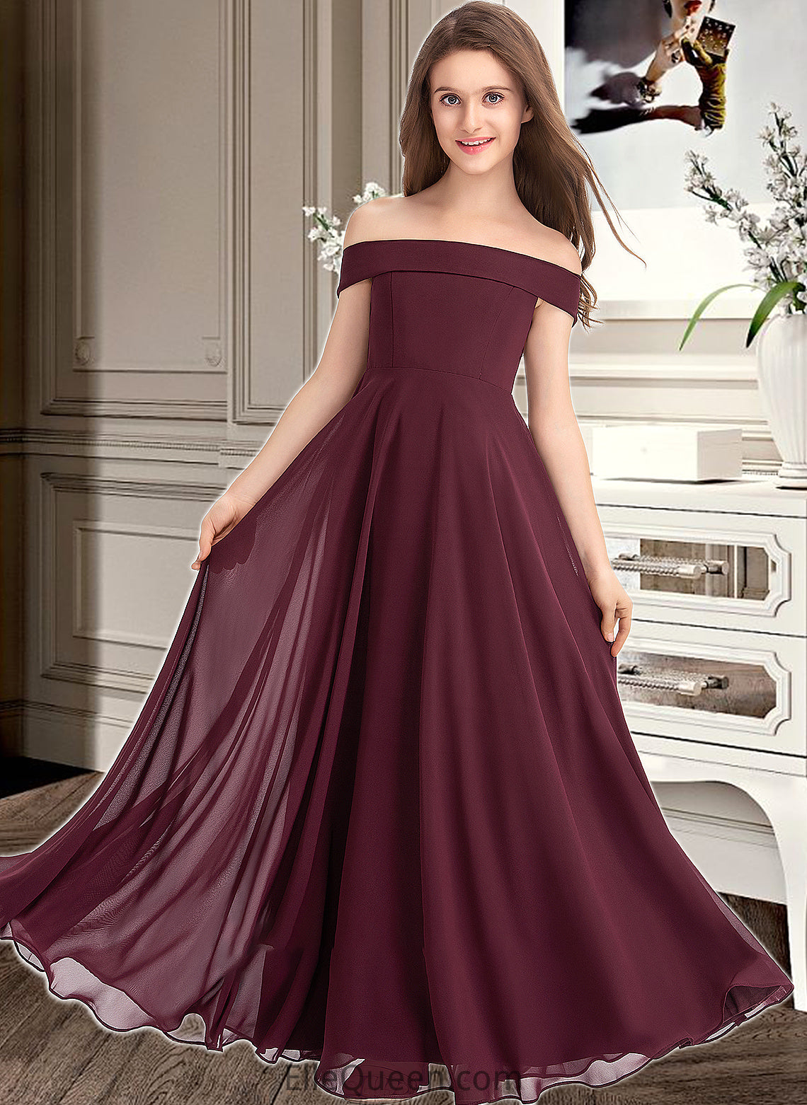 Diamond A-Line Off-the-Shoulder Floor-Length Chiffon Junior Bridesmaid Dress DGP0013323