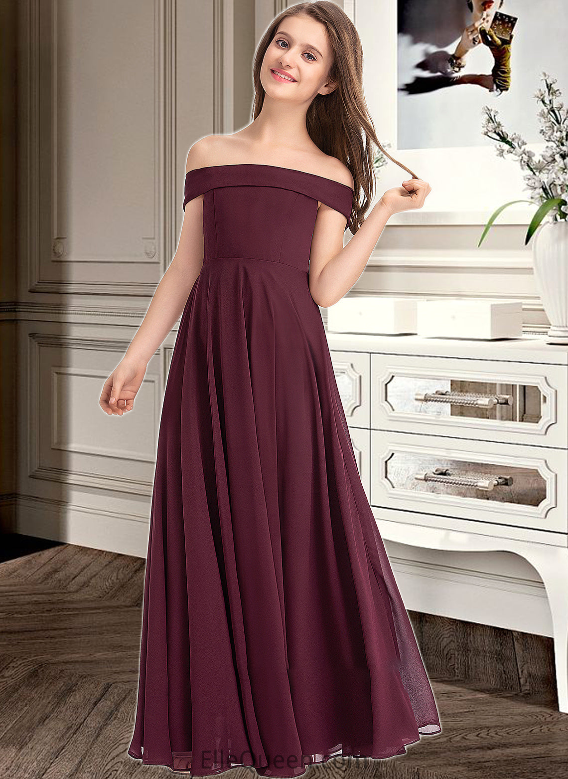 Diamond A-Line Off-the-Shoulder Floor-Length Chiffon Junior Bridesmaid Dress DGP0013323