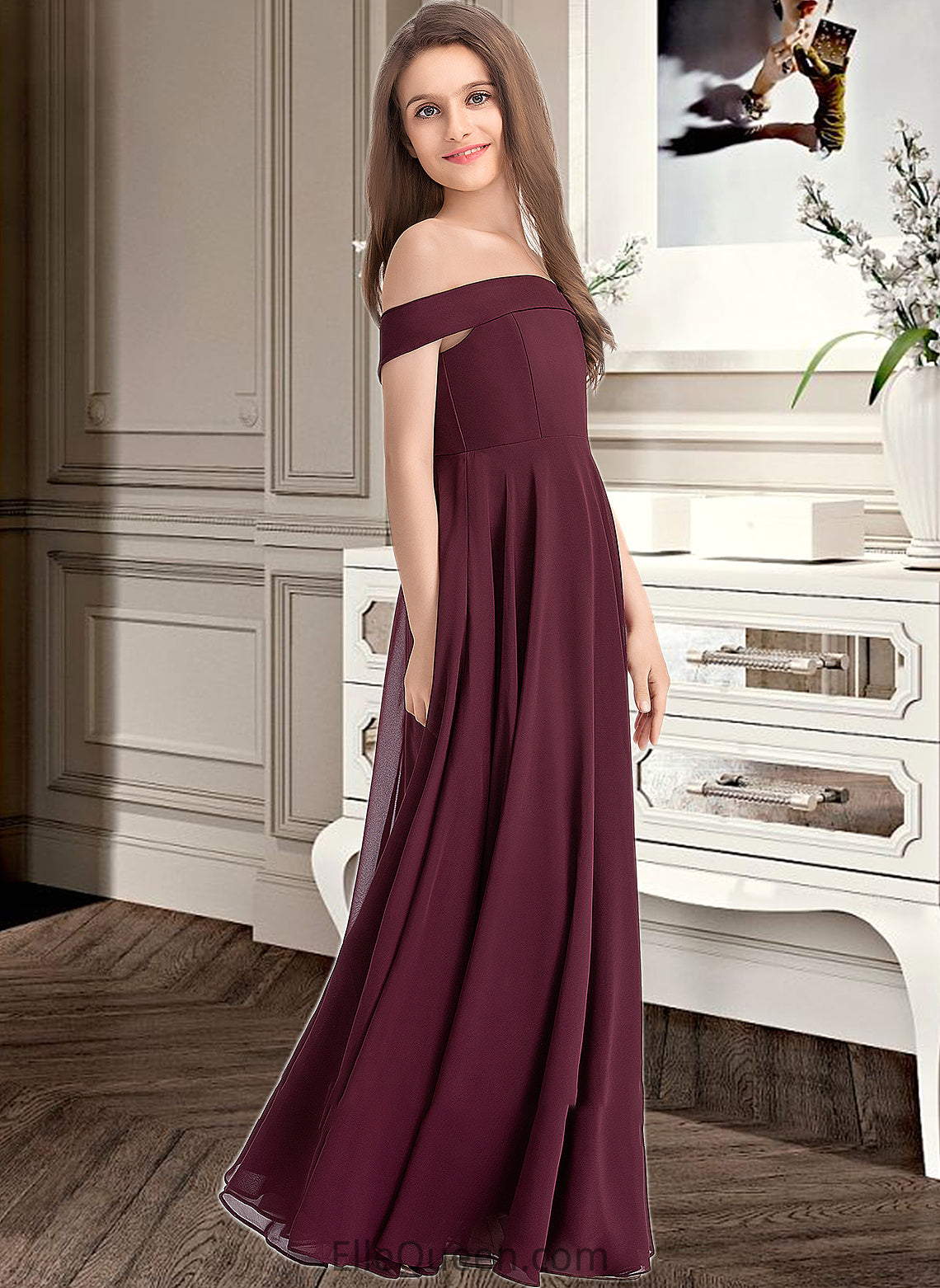 Diamond A-Line Off-the-Shoulder Floor-Length Chiffon Junior Bridesmaid Dress DGP0013323