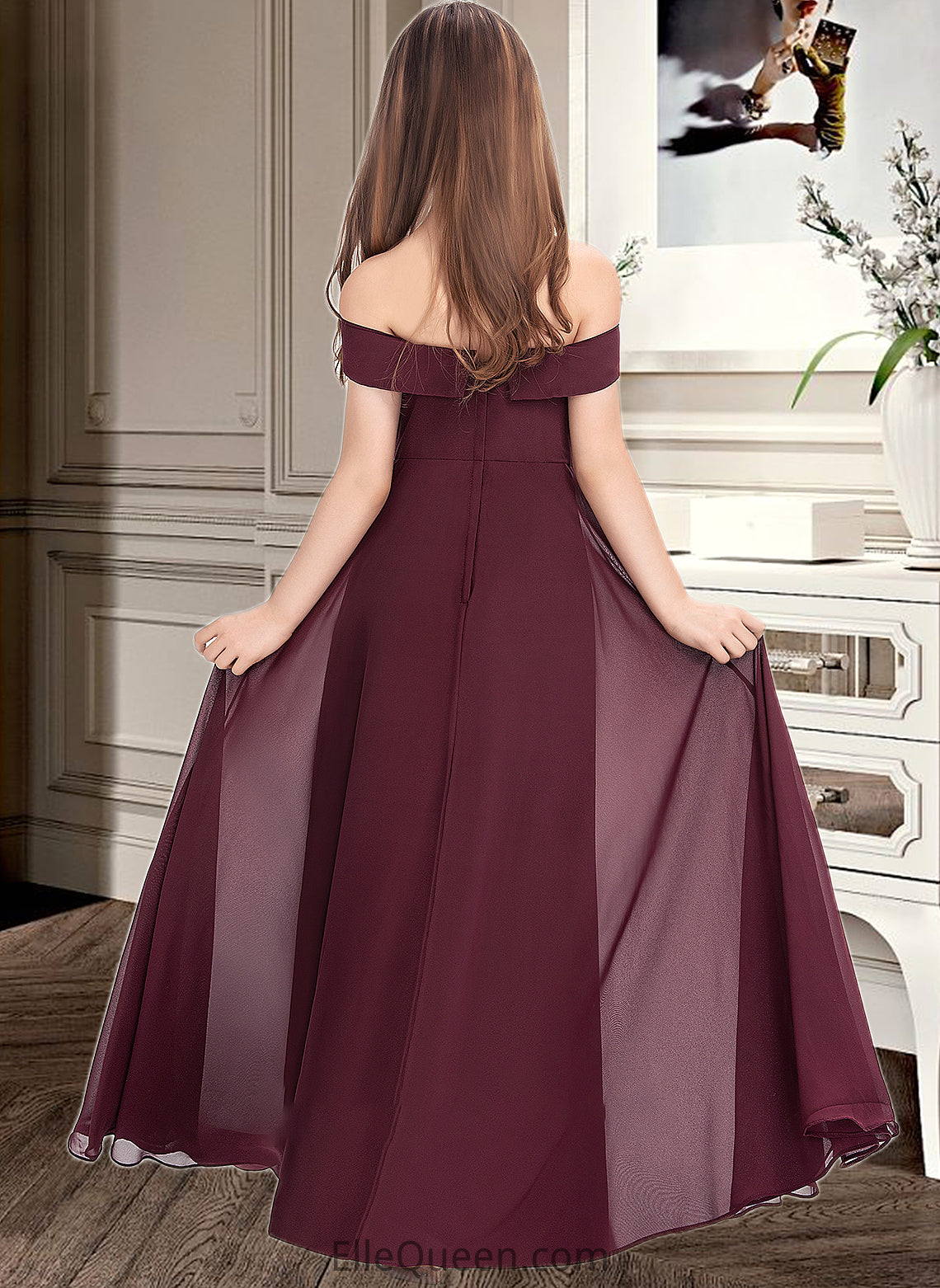 Diamond A-Line Off-the-Shoulder Floor-Length Chiffon Junior Bridesmaid Dress DGP0013323