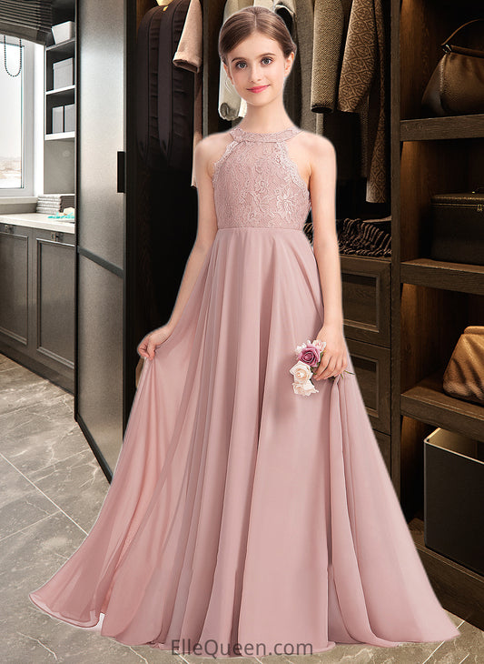 Chanel A-Line Scoop Neck Floor-Length Chiffon Lace Junior Bridesmaid Dress DGP0013324