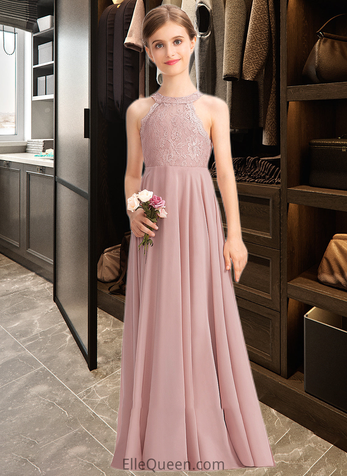 Chanel A-Line Scoop Neck Floor-Length Chiffon Lace Junior Bridesmaid Dress DGP0013324