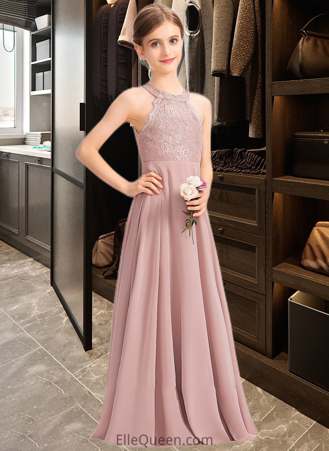 Chanel A-Line Scoop Neck Floor-Length Chiffon Lace Junior Bridesmaid Dress DGP0013324