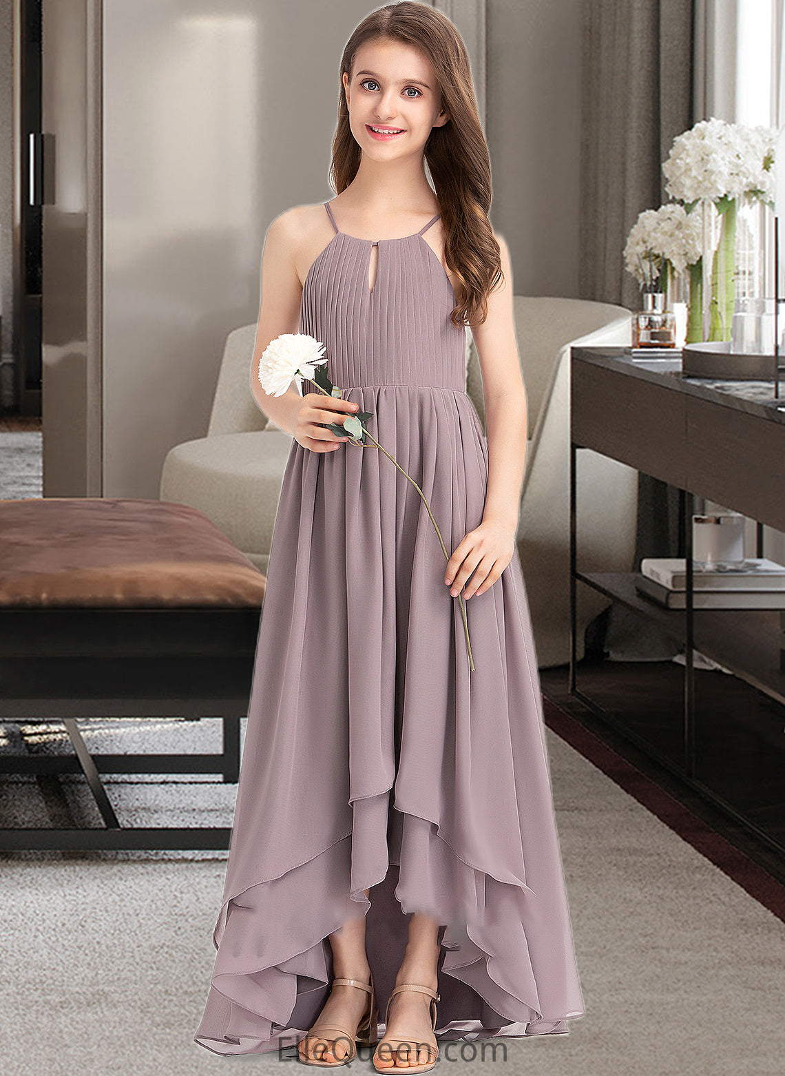 Gertie A-Line Scoop Neck Asymmetrical Chiffon Junior Bridesmaid Dress With Ruffle Bow(s) DGP0013326