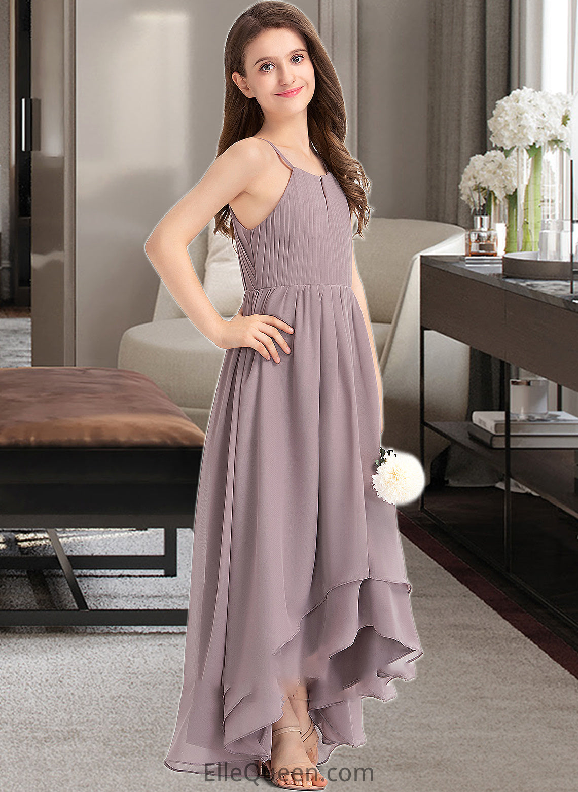 Gertie A-Line Scoop Neck Asymmetrical Chiffon Junior Bridesmaid Dress With Ruffle Bow(s) DGP0013326