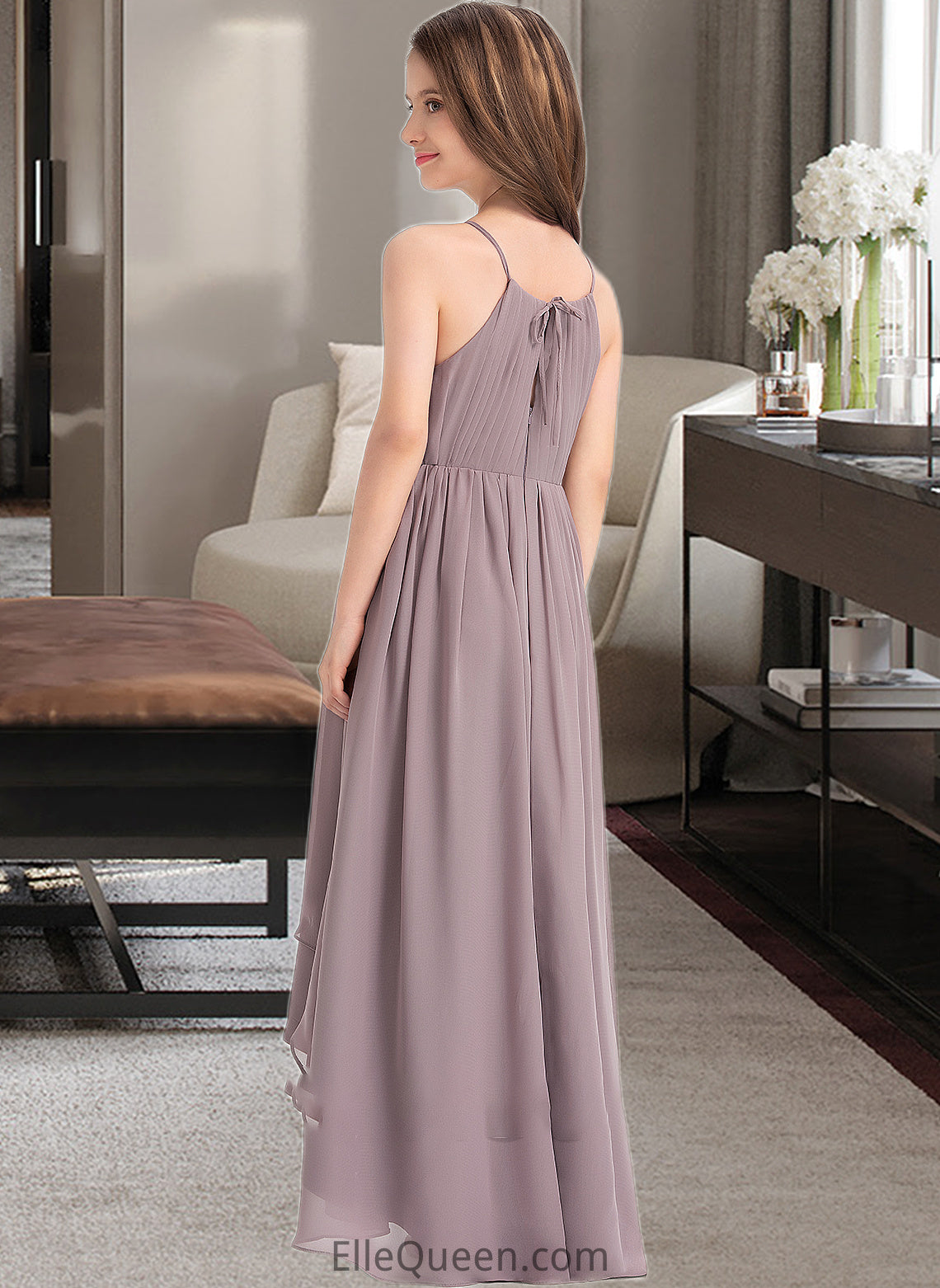 Gertie A-Line Scoop Neck Asymmetrical Chiffon Junior Bridesmaid Dress With Ruffle Bow(s) DGP0013326