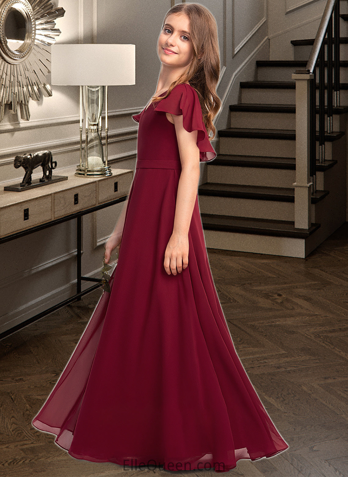 Geraldine A-Line V-neck Floor-Length Chiffon Junior Bridesmaid Dress With Cascading Ruffles DGP0013327