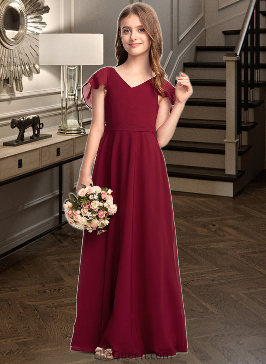 Geraldine A-Line V-neck Floor-Length Chiffon Junior Bridesmaid Dress With Cascading Ruffles DGP0013327