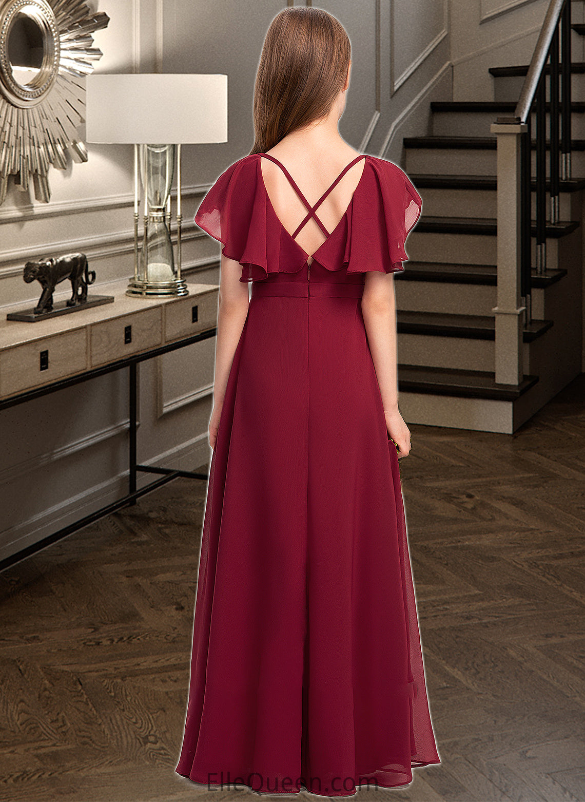 Geraldine A-Line V-neck Floor-Length Chiffon Junior Bridesmaid Dress With Cascading Ruffles DGP0013327