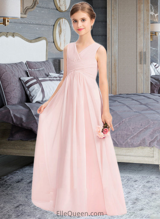 Ally A-Line V-neck Floor-Length Chiffon Junior Bridesmaid Dress With Ruffle DGP0013328