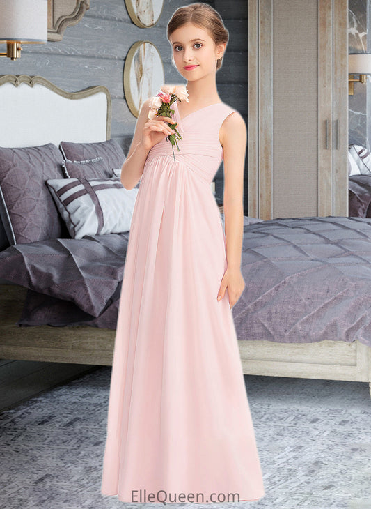 Ally A-Line V-neck Floor-Length Chiffon Junior Bridesmaid Dress With Ruffle DGP0013328