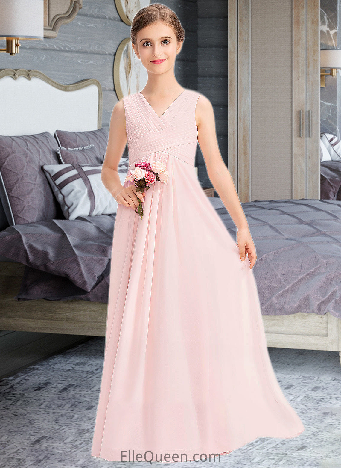 Ally A-Line V-neck Floor-Length Chiffon Junior Bridesmaid Dress With Ruffle DGP0013328