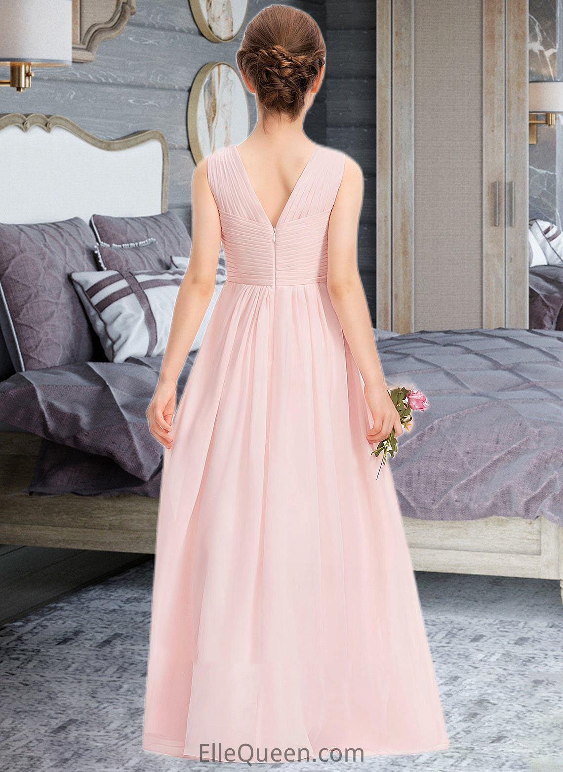 Ally A-Line V-neck Floor-Length Chiffon Junior Bridesmaid Dress With Ruffle DGP0013328